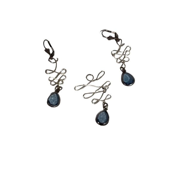 Blue Chrystal Dangle Silver Earrings & Pendant Vintage Artisan Jewelry Set - Picture 4 of 6